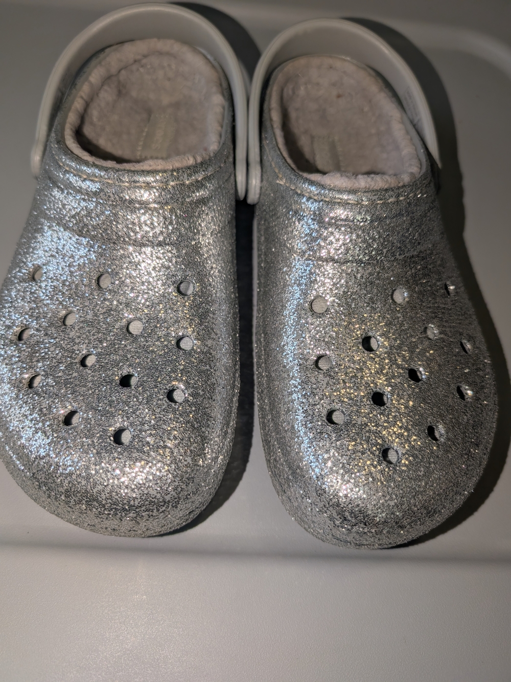 Crocs Classic Lined Glitter Clog Silver Sparkle Slippers Size J5 Youth Women 7